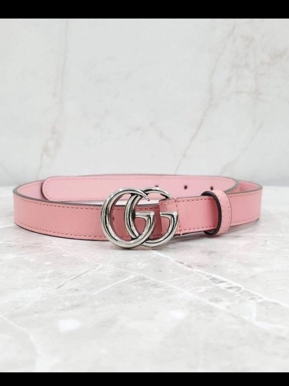 Gucci Gg Marmont Slim Pink Leather Double G Belt Silver Buckle 409417 85/34
